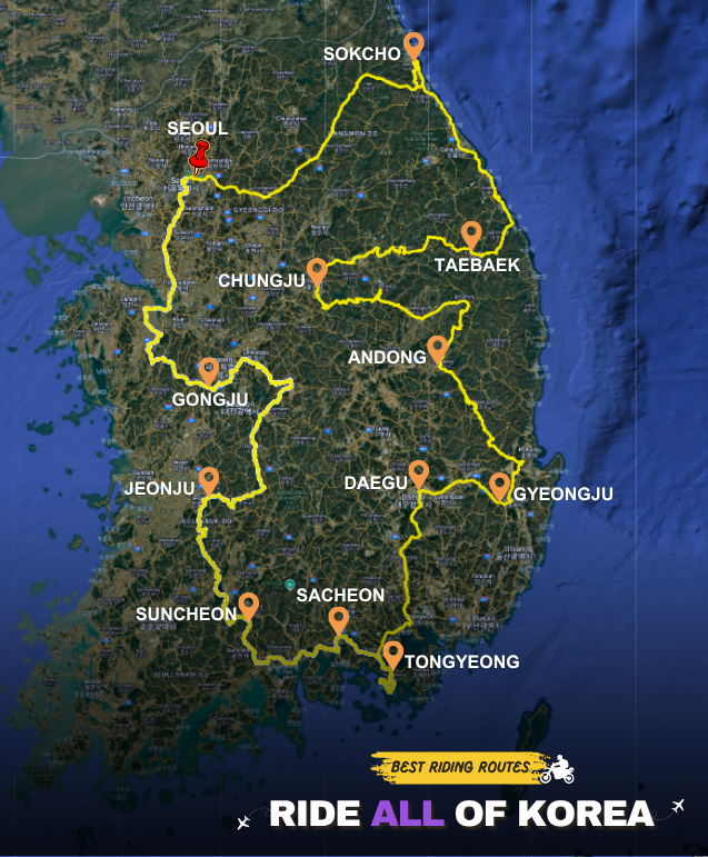 Map of the "Ride All of Korea" motorcycle route. The yellow route starts and ends in Seoul, passing through Sokcho, Taebaek, Gyeongju, Daegu, Andong, Gongju, Jeonju, Suncheon, Tongyeong, and more. A scenic loop through Korea's inland cities, historical landmarks, and coastal roads.