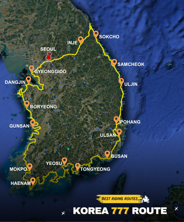Korea 777 Route map highlighting a 2,100 km cross-country motorcycle journey around South Korea, passing through major coastal and mountain roads.