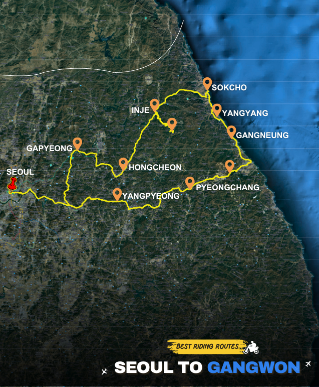 Map of the Seoul to Gangwon motorcycle route in South Korea. The route begins in Seoul and loops through key cities including Gapyeong, Hongcheon, Pyeongchang, Gangneung, and Sokcho. Yellow lines indicate the riding path, with orange markers highlighting major stops. Designed for scenic touring through mountains and the East Sea coastline.